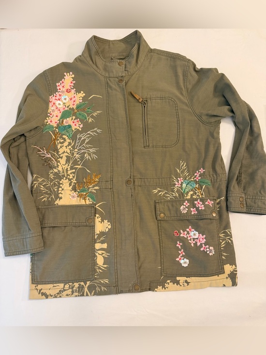 Anthropologie Jackets & Blazers - Anthropologie Olive Green Embroidered Beaded  Floral Utility Shacket Size XL